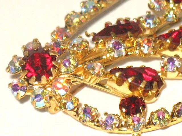 Vintage Costume Jewelry Pin Tiered Red & AB Glass Vintage Costume Jewelry Pin Tiered Red & AB Glass