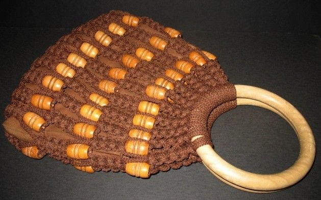 1970s Vintage Brown Macrame Tote Purse with Wood Handles & Beads 1970s Vintage Brown Macrame Tote Purse with Wood Handles & Beads