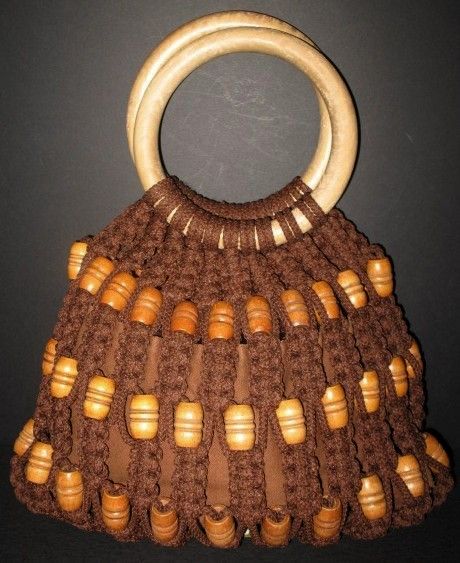 1970s Vintage Brown Macrame Tote Purse with Wood Handles & Beads 1970s Vintage Brown Macrame Tote Purse with Wood Handles & Beads
