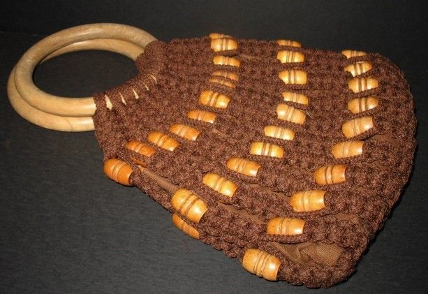 1970s Vintage Brown Macrame Tote Purse with Wood Handles & Beads 1970s Vintage Brown Macrame Tote Purse with Wood Handles & Beads