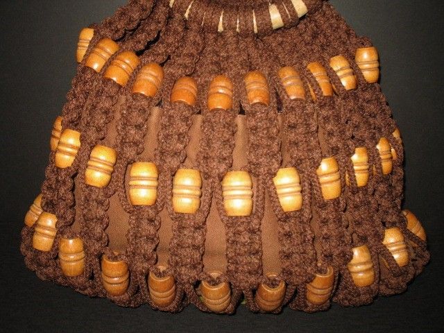 1970s Vintage Brown Macrame Tote Purse with Wood Handles & Beads 1970s Vintage Brown Macrame Tote Purse with Wood Handles & Beads