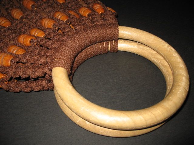 1970s Vintage Brown Macrame Tote Purse with Wood Handles & Beads 1970s Vintage Brown Macrame Tote Purse with Wood Handles & Beads