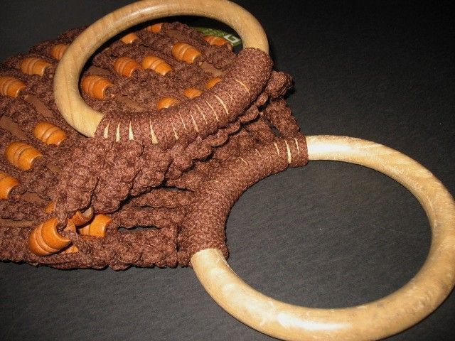 1970s Vintage Brown Macrame Tote Purse with Wood Handles & Beads 1970s Vintage Brown Macrame Tote Purse with Wood Handles & Beads
