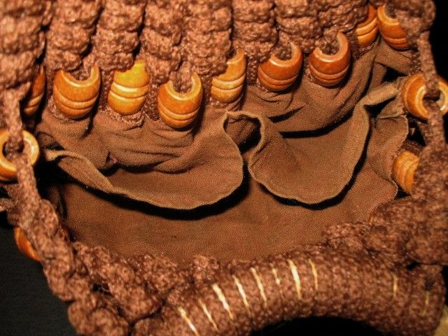 1970s Vintage Brown Macrame Tote Purse with Wood Handles & Beads 1970s Vintage Brown Macrame Tote Purse with Wood Handles & Beads