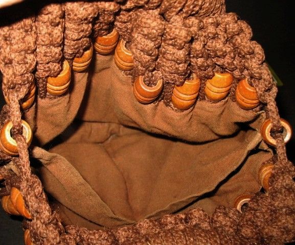 1970s Vintage Brown Macrame Tote Purse with Wood Handles & Beads 1970s Vintage Brown Macrame Tote Purse with Wood Handles & Beads