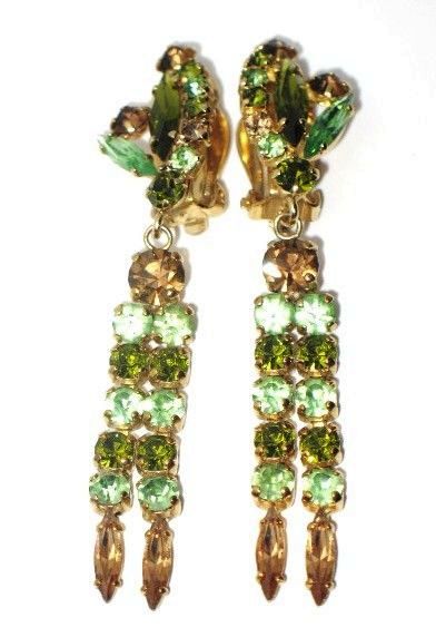 Vintage Costume Jewelry Extra Long Dangling Amber & Green Glass Earrings Vintage Costume Jewelry Extra Long Dangling Amber & Green Glass Earrings