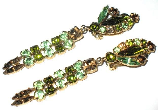 Vintage Costume Jewelry Extra Long Dangling Amber & Green Glass Earrings Vintage Costume Jewelry Extra Long Dangling Amber & Green Glass Earrings