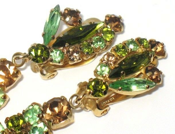 Vintage Costume Jewelry Extra Long Dangling Amber & Green Glass Earrings Vintage Costume Jewelry Extra Long Dangling Amber & Green Glass Earrings
