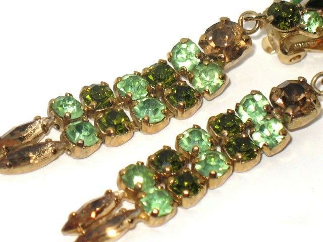 Vintage Costume Jewelry Extra Long Dangling Amber & Green Glass Earrings Vintage Costume Jewelry Extra Long Dangling Amber & Green Glass Earrings