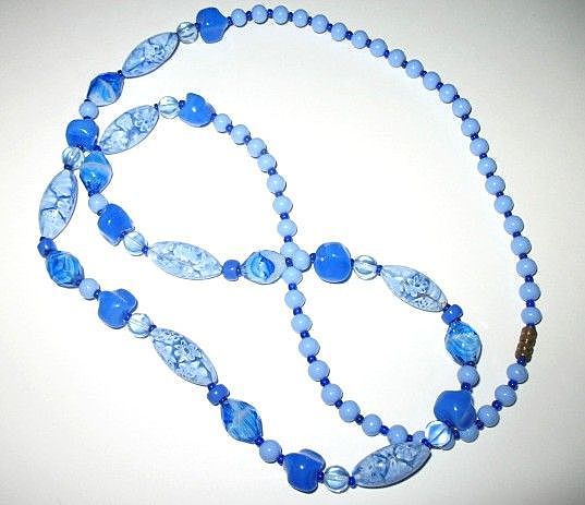 Vintage Costume Jewelry Cobalt & Light Blue Glass Beads Opera Length Necklace Vintage Costume Jewelry Cobalt & Light Blue Glass Beads Opera Length Necklace
