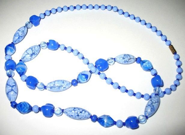Vintage Costume Jewelry Cobalt & Light Blue Glass Beads Opera Length Necklace Vintage Costume Jewelry Cobalt & Light Blue Glass Beads Opera Length Necklace