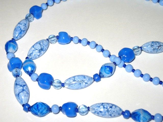 Vintage Costume Jewelry Cobalt & Light Blue Glass Beads Opera Length Necklace Vintage Costume Jewelry Cobalt & Light Blue Glass Beads Opera Length Necklace