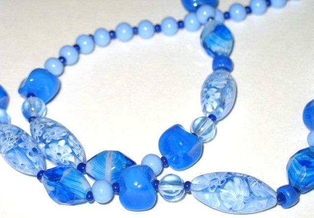 Vintage Costume Jewelry Cobalt & Light Blue Glass Beads Opera Length Necklace Vintage Costume Jewelry Cobalt & Light Blue Glass Beads Opera Length Necklace