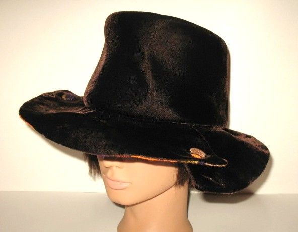 1960s Vintage Brown Plush Hat with Wide Brimmed Floral Print Jacqueline Label 1960s Vintage Brown Plush Hat with Wide Brimmed Floral Print Jacqueline Label