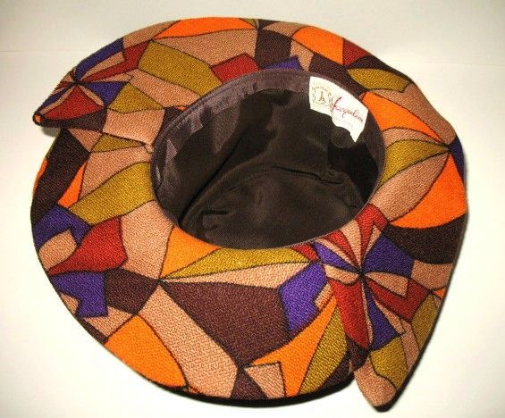 1960s Vintage Brown Plush Hat with Wide Brimmed Floral Print Jacqueline Label 1960s Vintage Brown Plush Hat with Wide Brimmed Floral Print Jacqueline Label