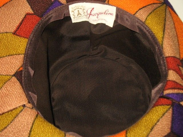 1960s Vintage Brown Plush Hat with Wide Brimmed Floral Print Jacqueline Label 1960s Vintage Brown Plush Hat with Wide Brimmed Floral Print Jacqueline Label