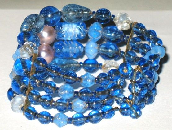 1950/60s Vintage Jewelry Blue Glass Beads & Simulated Pearls Cuff Bracelet 1950/60s Vintage Jewelry Blue Glass Beads & Simulated Pearls Cuff Bracelet