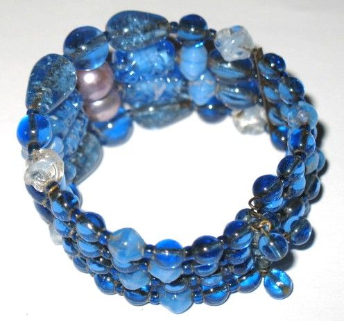 1950/60s Vintage Jewelry Blue Glass Beads & Simulated Pearls Cuff Bracelet 1950/60s Vintage Jewelry Blue Glass Beads & Simulated Pearls Cuff Bracelet