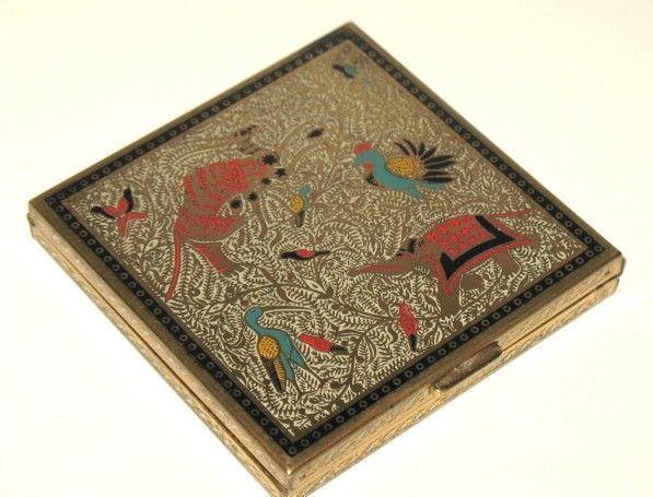 1950s Vintage Volupté Powder Enameled Compact Persian Animal Motif 1950s Vintage Volupté Powder Enameled Compact Persian Animal Motif