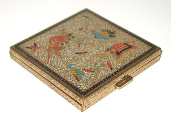 1950s Vintage Volupté Powder Enameled Compact Persian Animal Motif 1950s Vintage Volupté Powder Enameled Compact Persian Animal Motif