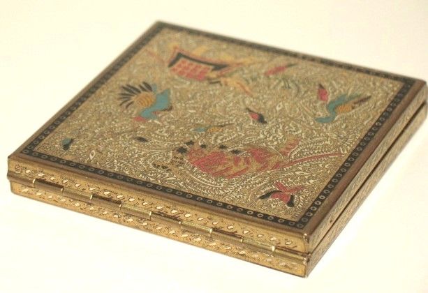 1950s Vintage Volupté Powder Enameled Compact Persian Animal Motif 1950s Vintage Volupté Powder Enameled Compact Persian Animal Motif