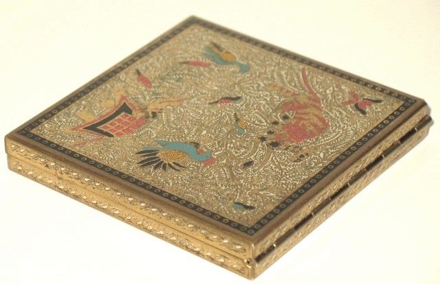 1950s Vintage Volupté Powder Enameled Compact Persian Animal Motif 1950s Vintage Volupté Powder Enameled Compact Persian Animal Motif