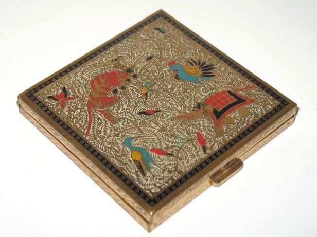 1950s Vintage Volupté Powder Enameled Compact Persian Animal Motif 1950s Vintage Volupté Powder Enameled Compact Persian Animal Motif