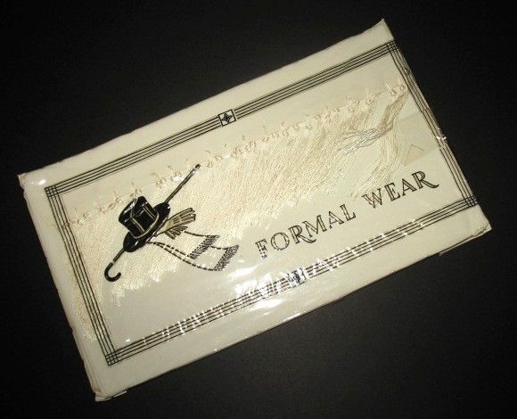 1940s/50s Vintage Men's White Opera Scarf Fringed in Original Packaging 1940s/50s Vintage Men's White Opera Scarf Fringed in Original Packaging