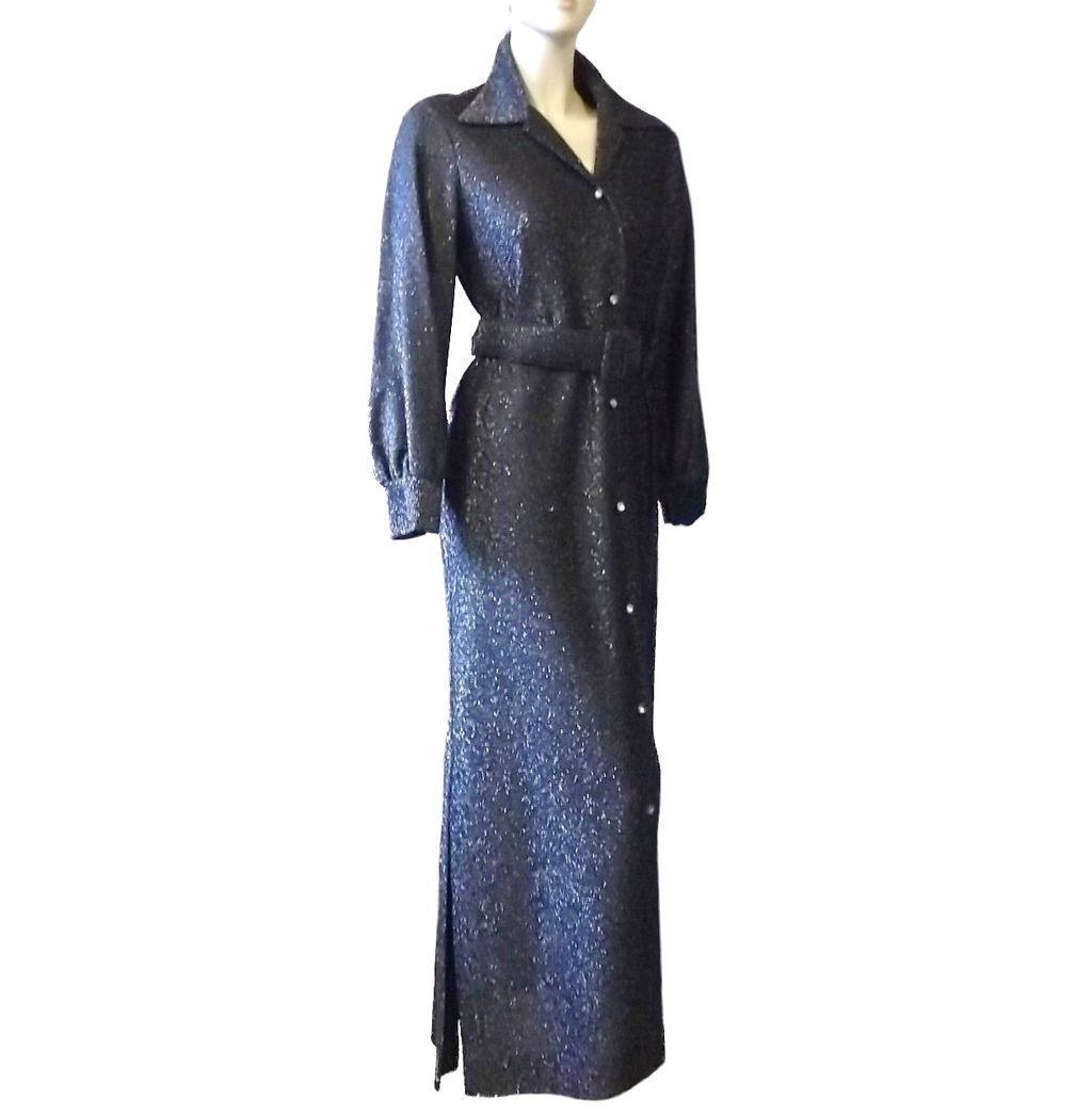1970s Vintage Loll-Ease Black Metallic Belted Gown Size Small/Medium 1970s Vintage Loll-Ease Black Metallic Belted Gown Size Small/Medium