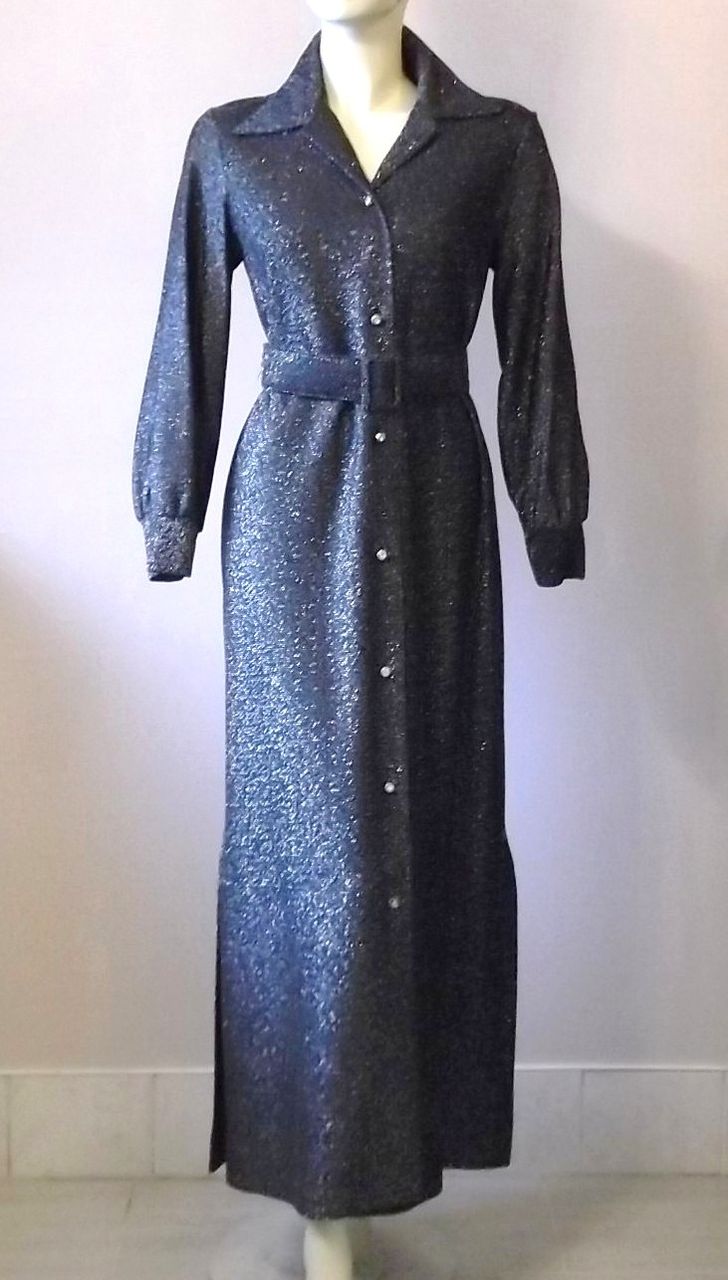 1970s Vintage Loll-Ease Black Metallic Belted Gown Size Small/Medium 1970s Vintage Loll-Ease Black Metallic Belted Gown Size Small/Medium