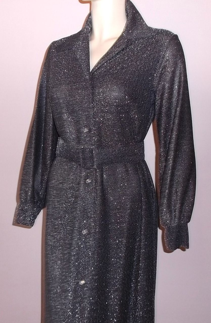 1970s Vintage Loll-Ease Black Metallic Belted Gown Size Small/Medium 1970s Vintage Loll-Ease Black Metallic Belted Gown Size Small/Medium