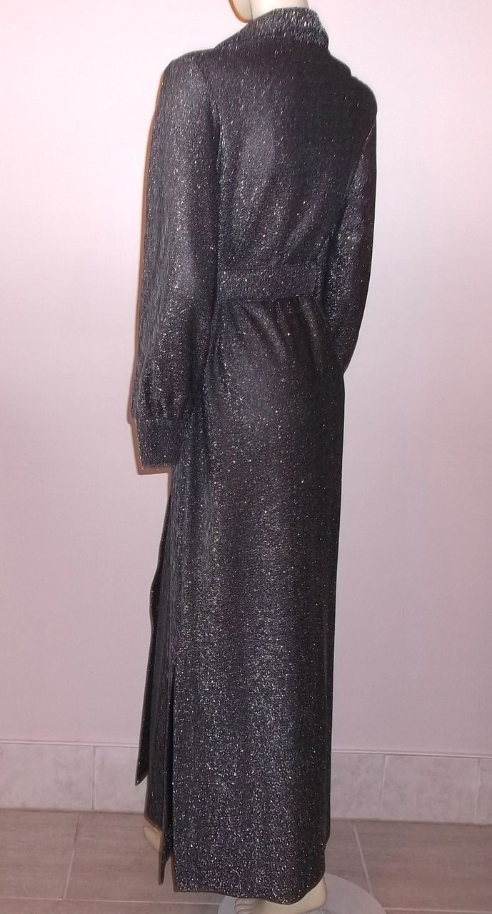 1970s Vintage Loll-Ease Black Metallic Belted Gown Size Small/Medium 1970s Vintage Loll-Ease Black Metallic Belted Gown Size Small/Medium