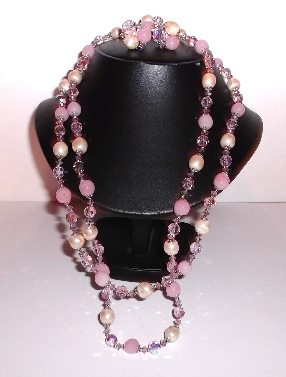 1960s Vintage Signed Sherman Pink Crystal Beads & Simulated Pearls Two Strand Necklace & Earrings Demi 1960s Vintage Signed Sherman Pink Crystal Beads & Simulated Pearls Two Strand Necklace & Earrings Demi