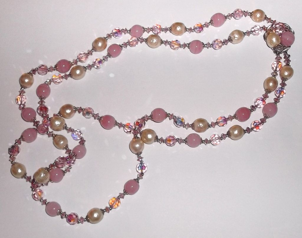 1960s Vintage Signed Sherman Pink Crystal Beads & Simulated Pearls Two Strand Necklace & Earrings Demi 1960s Vintage Signed Sherman Pink Crystal Beads & Simulated Pearls Two Strand Necklace & Earrings Demi