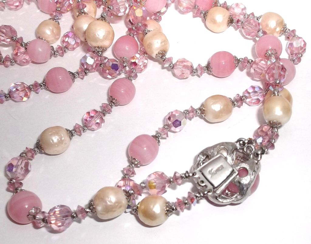 1960s Vintage Signed Sherman Pink Crystal Beads & Simulated Pearls Two Strand Necklace & Earrings Demi 1960s Vintage Signed Sherman Pink Crystal Beads & Simulated Pearls Two Strand Necklace & Earrings Demi