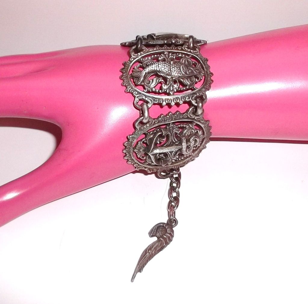 1970s Vintage Wide Costume Bracelet Ocean Themed Links 1970s Vintage Wide Costume Bracelet Ocean Themed Links