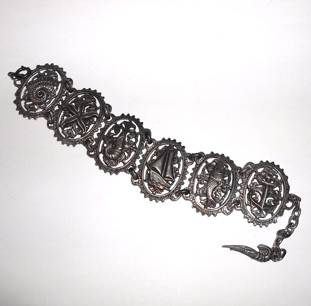 1970s Vintage Wide Costume Bracelet Ocean Themed Links 1970s Vintage Wide Costume Bracelet Ocean Themed Links