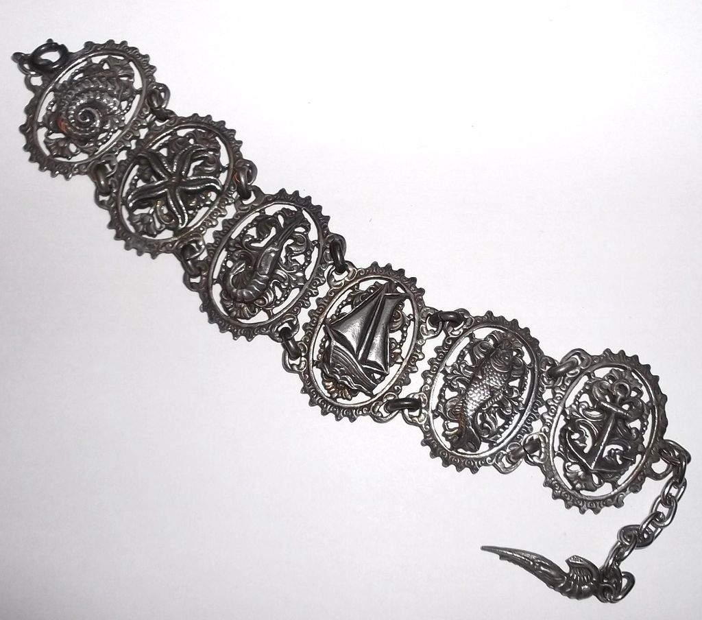 1970s Vintage Wide Costume Bracelet Ocean Themed Links 1970s Vintage Wide Costume Bracelet Ocean Themed Links
