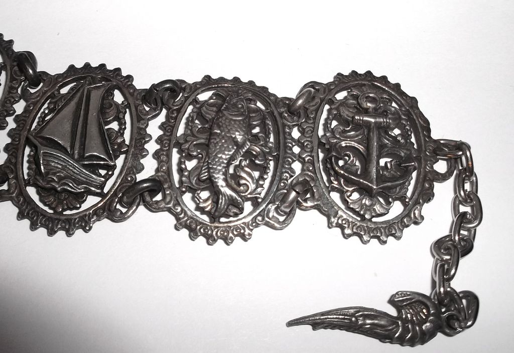 1970s Vintage Wide Costume Bracelet Ocean Themed Links 1970s Vintage Wide Costume Bracelet Ocean Themed Links