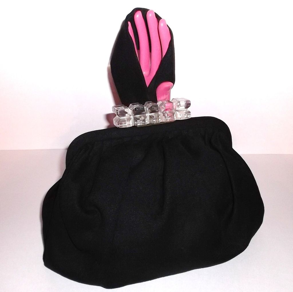 1940s Vintage Black Wool Handbag with Lucite Clasp 1940s Vintage Black Wool Handbag with Lucite Clasp