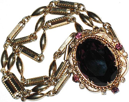 Signed Coro Pegasus Amethyst Glass Triple Strand Bracelet Signed Coro Pegasus Amethyst Glass Triple Strand Bracelet