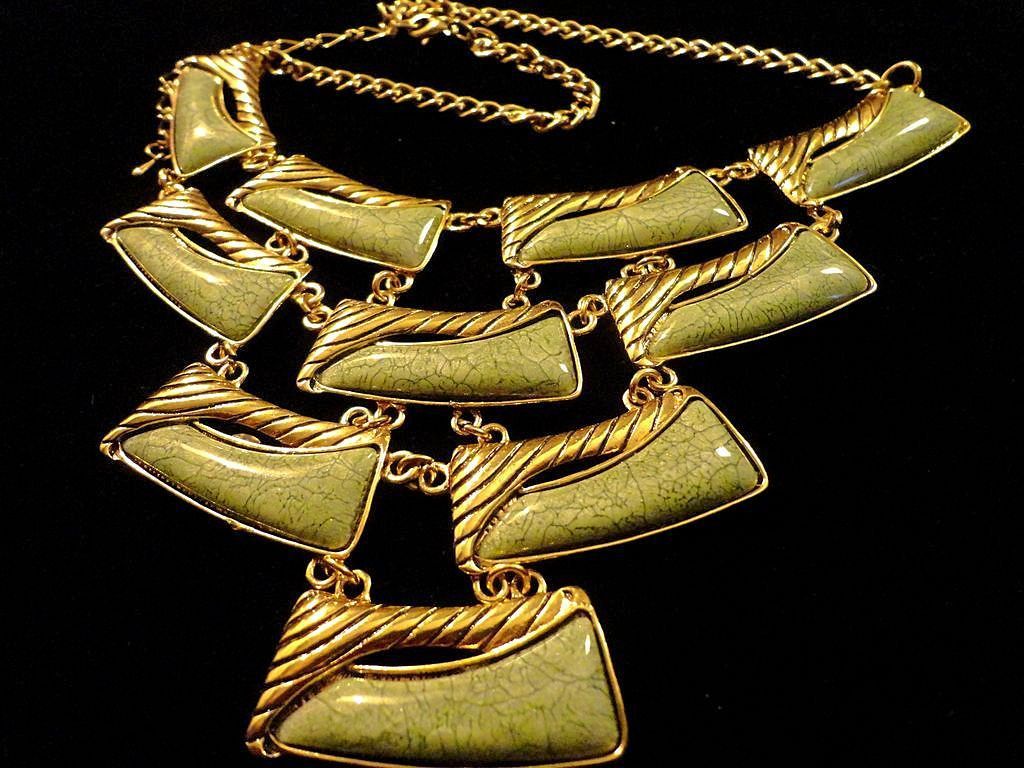 Egyptian inspired Bib necklace with marbleized moss green cabs Egyptian inspired Bib necklace with marbleized moss green cabs