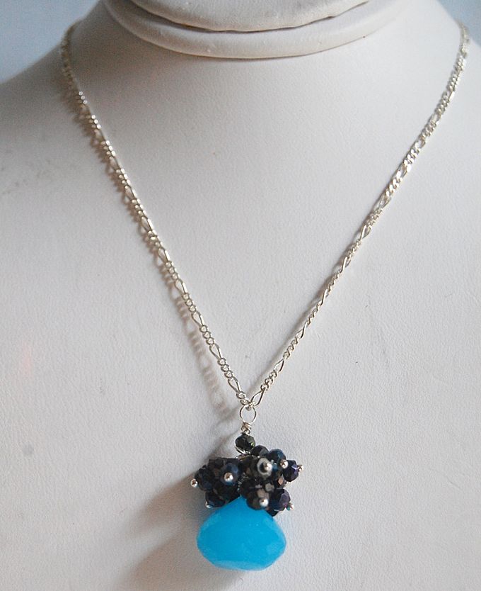 Ocean Blue Chalcedony, Mystic Blue Black Spinel necklace on sterling silver Ocean Blue Chalcedony, Mystic Blue Black Spinel necklace on sterling silver