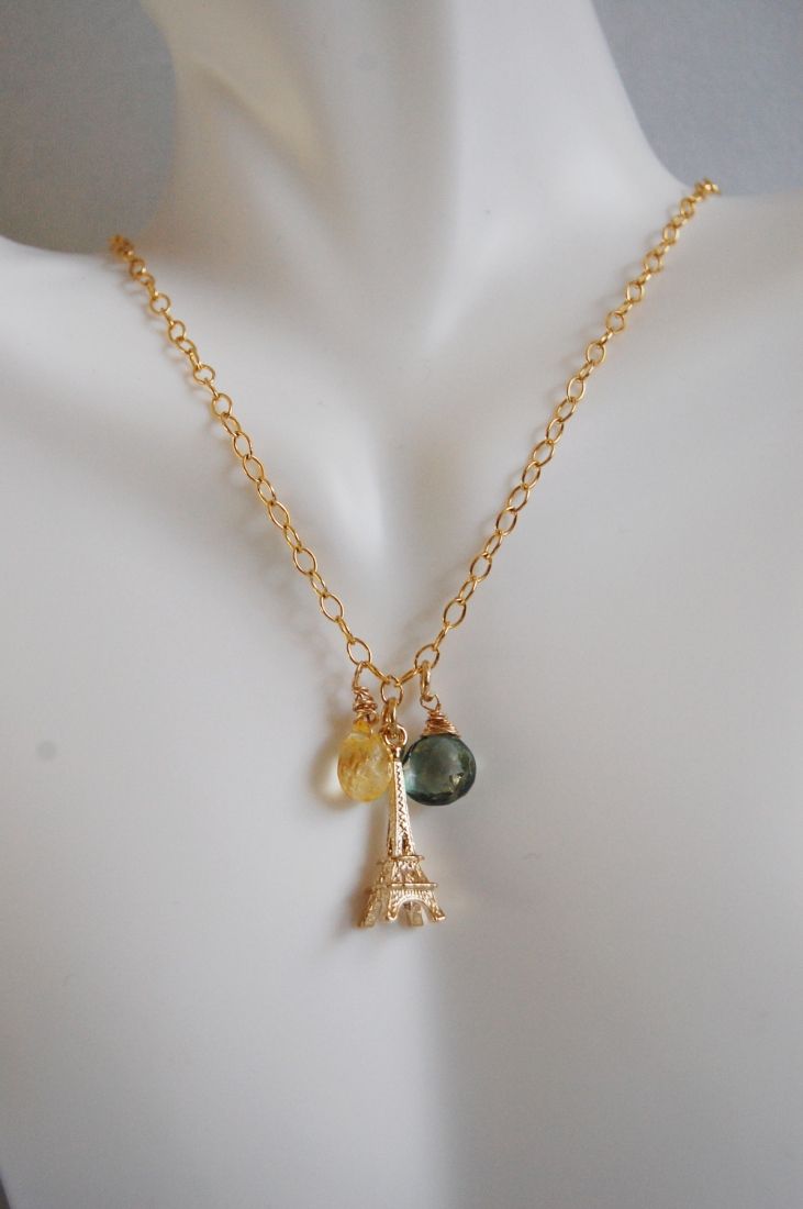 * Green Mystic Quartz, Citrine and Eiffel tower Charm Necklace * Green Mystic Quartz, Citrine and Eiffel tower Charm Necklace