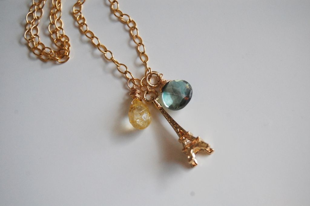 * Green Mystic Quartz, Citrine and Eiffel tower Charm Necklace * Green Mystic Quartz, Citrine and Eiffel tower Charm Necklace