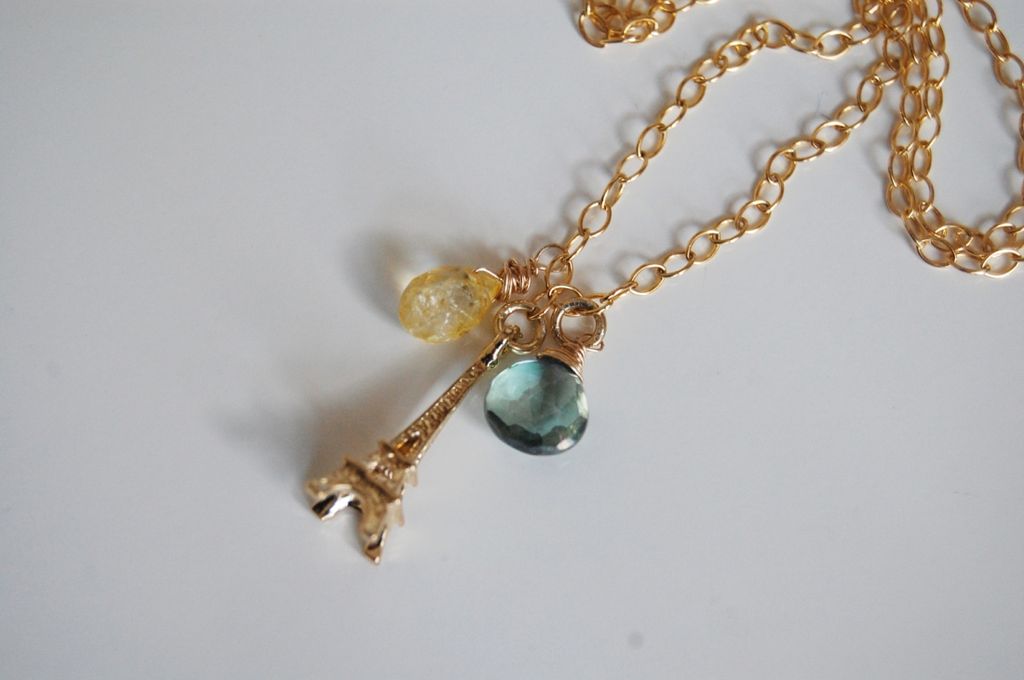 * Green Mystic Quartz, Citrine and Eiffel tower Charm Necklace * Green Mystic Quartz, Citrine and Eiffel tower Charm Necklace