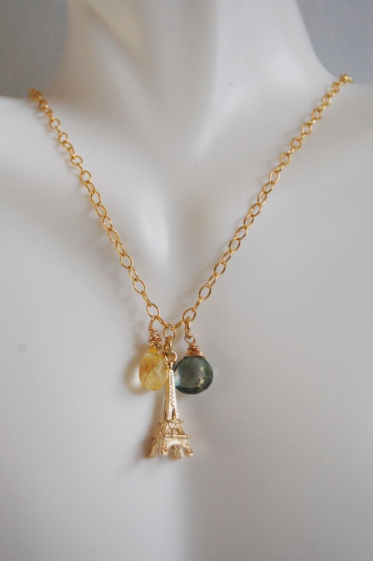 * Green Mystic Quartz, Citrine and Eiffel tower Charm Necklace * Green Mystic Quartz, Citrine and Eiffel tower Charm Necklace