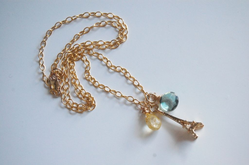* Green Mystic Quartz, Citrine and Eiffel tower Charm Necklace * Green Mystic Quartz, Citrine and Eiffel tower Charm Necklace