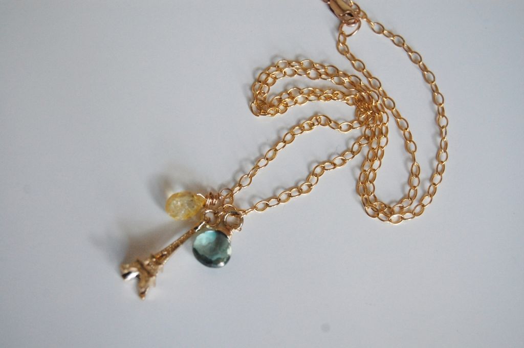 * Green Mystic Quartz, Citrine and Eiffel tower Charm Necklace * Green Mystic Quartz, Citrine and Eiffel tower Charm Necklace