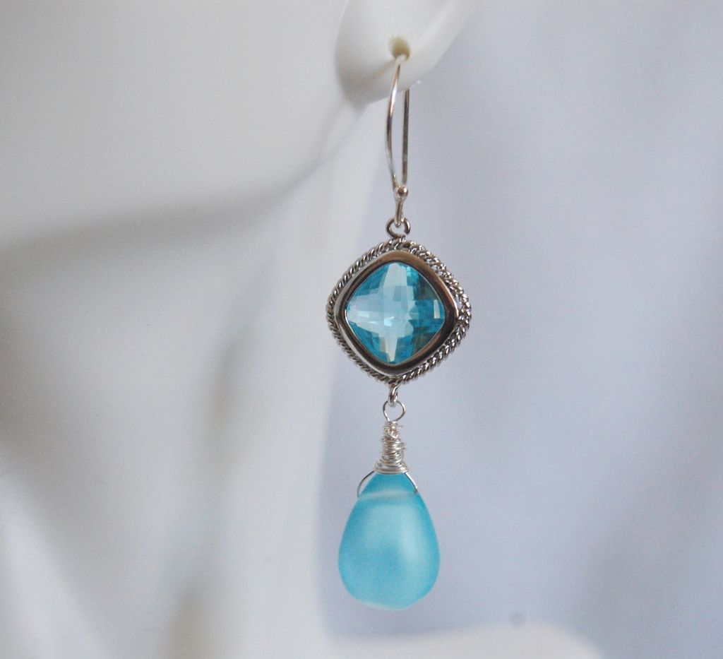 Mist Blue Quartz And Aquamarine Glass Dangle Earrings Mist Blue Quartz And Aquamarine Glass Dangle Earrings